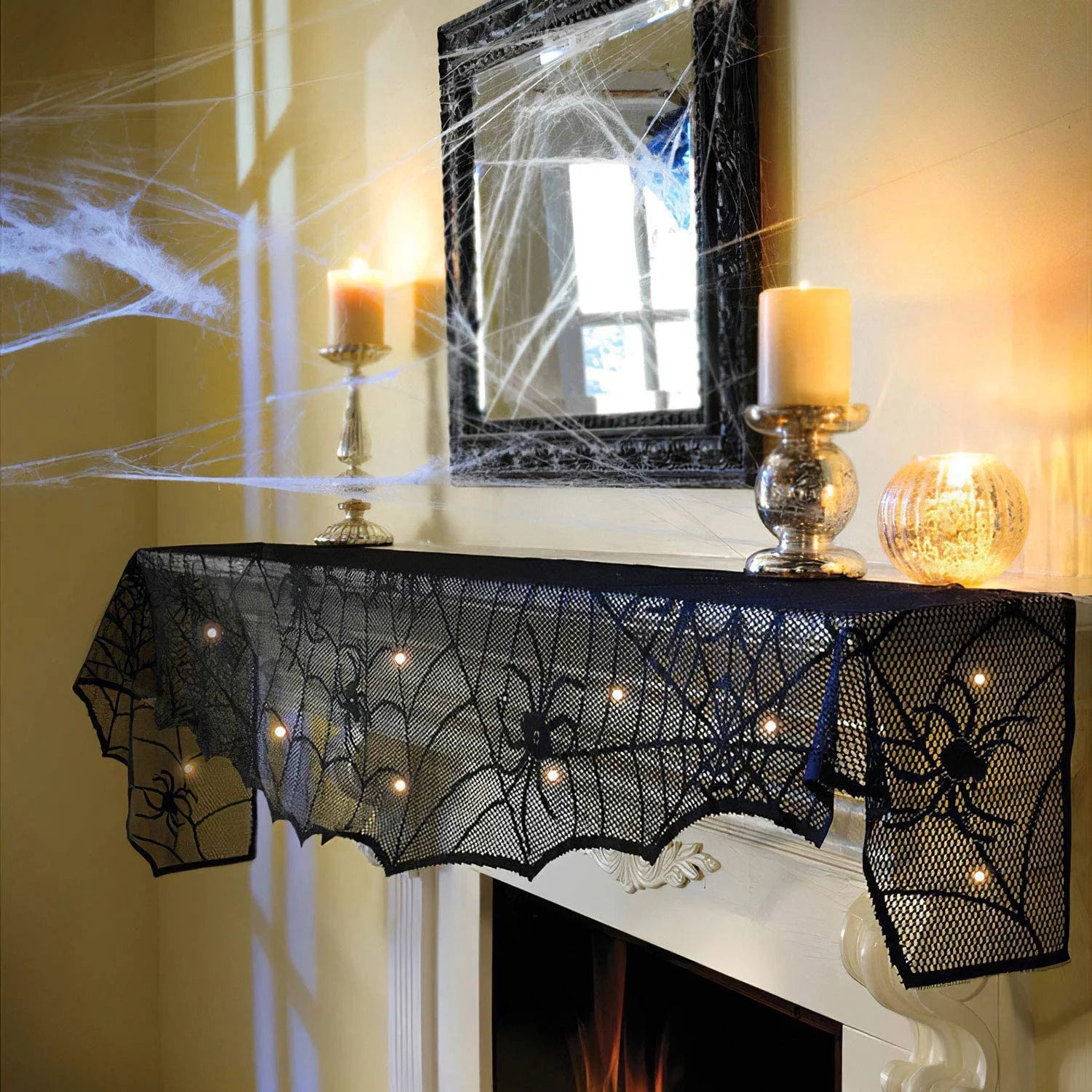 "AerWo Black Lace Spiderweb Fireplace Mantle Scarf – 45 x 243cm for Halloween"