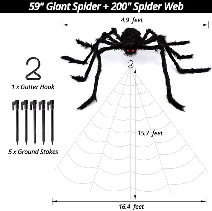 200" Halloween Spider Web + 59" Giant Spider Decorations