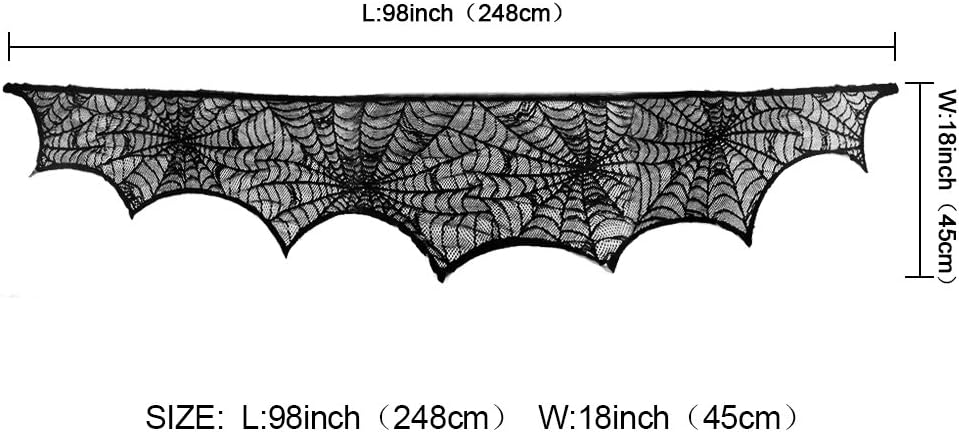 "AerWo Black Lace Spiderweb Fireplace Mantle Scarf – 45 x 243cm for Halloween"