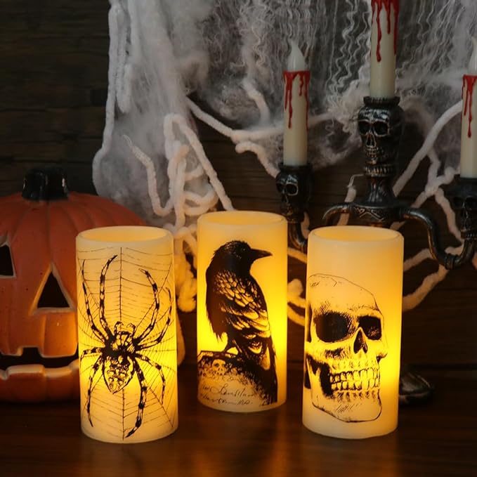 "Set of 3 Halloween LED Candles with Skull, Spider Web, Crow Decals – Flickering Battery Operated"