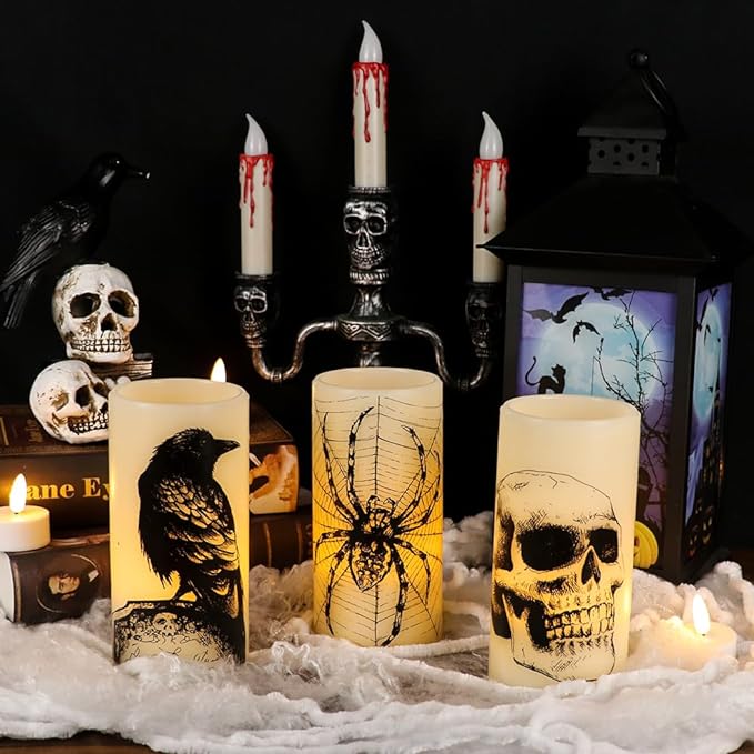 "Set of 3 Halloween LED Candles with Skull, Spider Web, Crow Decals – Flickering Battery Operated"