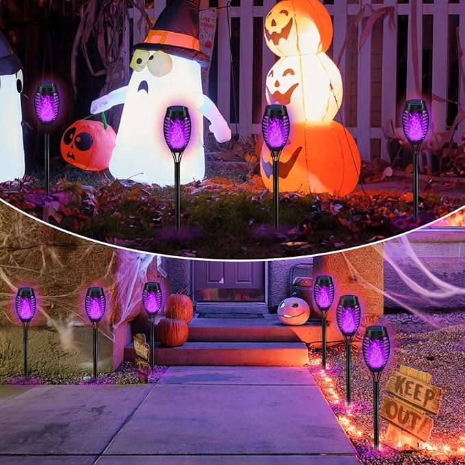 "Solar Halloween Torch Lights with Purple Flame – Outdoor Yard & Pathway Decorations"