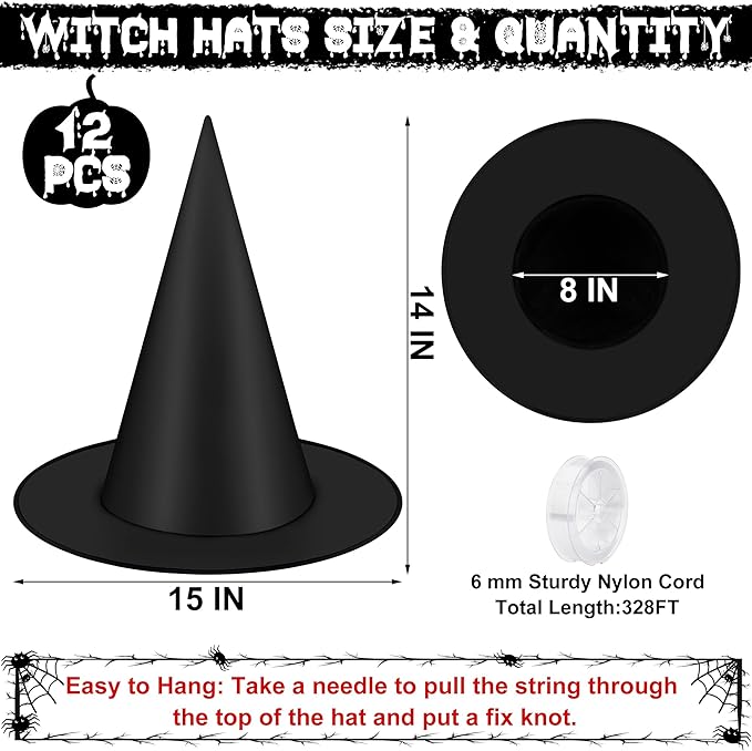 Hanging Halloween Decor & Costume Accessories "12 PCS Black Witch Hats"