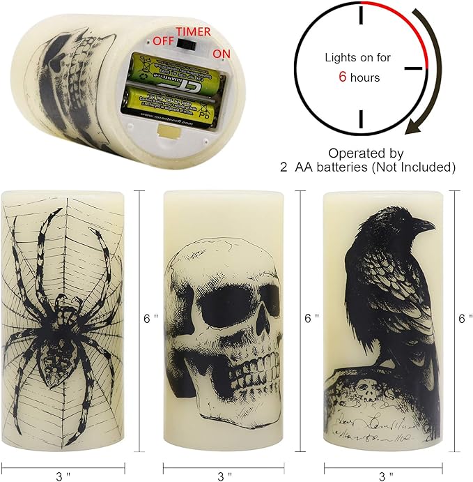 "Set of 3 Halloween LED Candles with Skull, Spider Web, Crow Decals – Flickering Battery Operated"