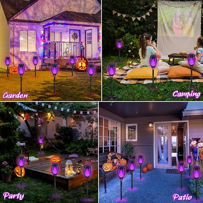 "Solar Halloween Torch Lights with Purple Flame – Outdoor Yard & Pathway Decorations"