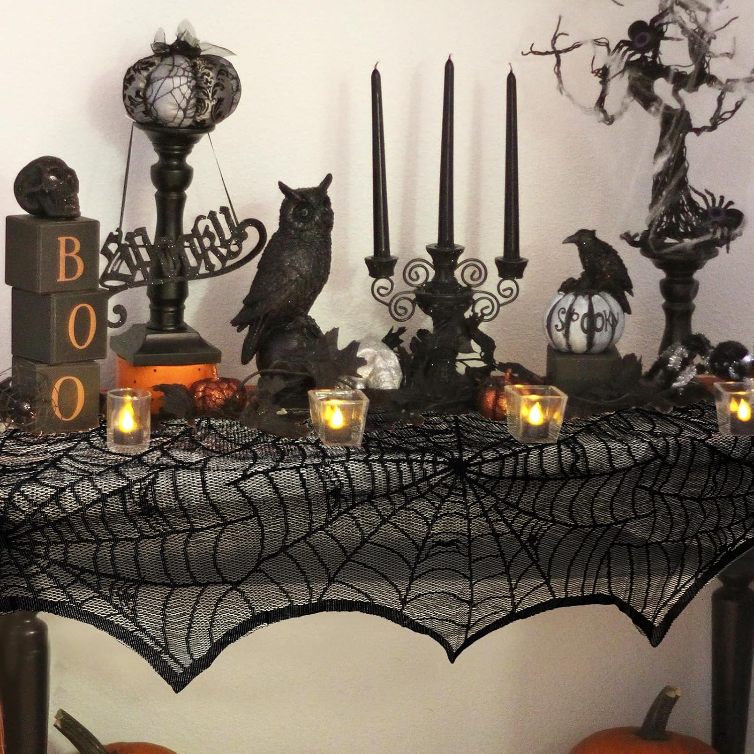 "AerWo Black Lace Spiderweb Fireplace Mantle Scarf – 45 x 243cm for Halloween"