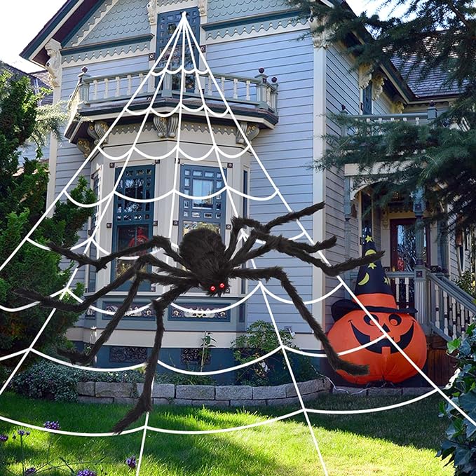 200" Halloween Spider Web + 59" Giant Spider Decorations