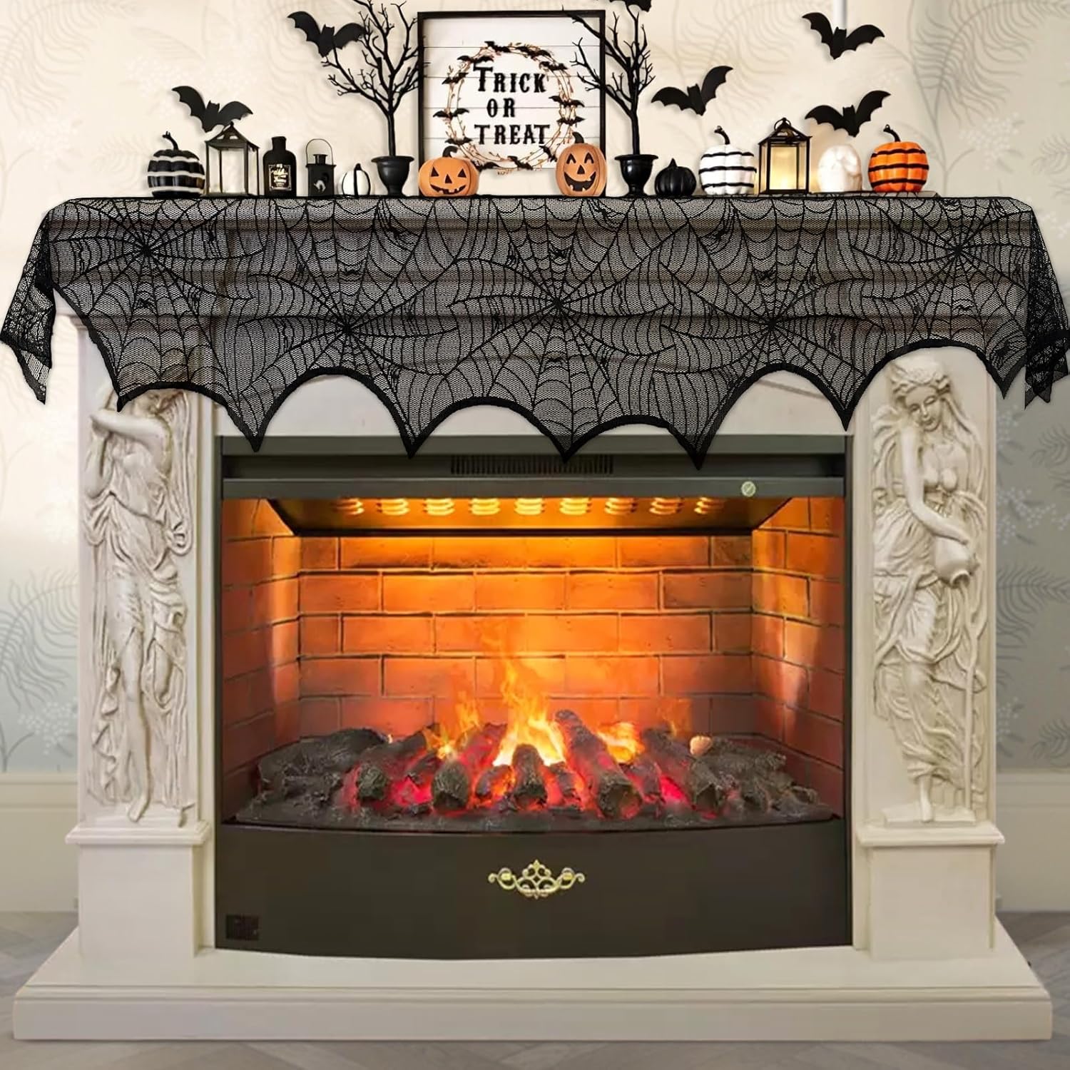 "AerWo Black Lace Spiderweb Fireplace Mantle Scarf – 45 x 243cm for Halloween"