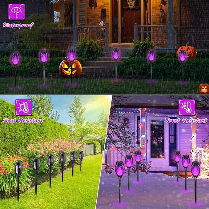 "Solar Halloween Torch Lights with Purple Flame – Outdoor Yard & Pathway Decorations"