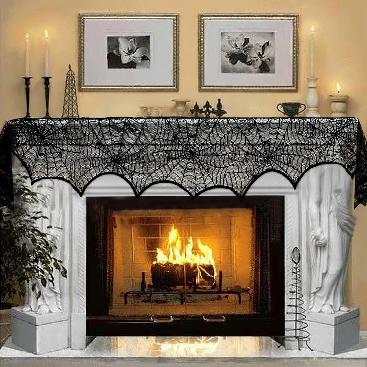 "AerWo Black Lace Spiderweb Fireplace Mantle Scarf – 45 x 243cm for Halloween"