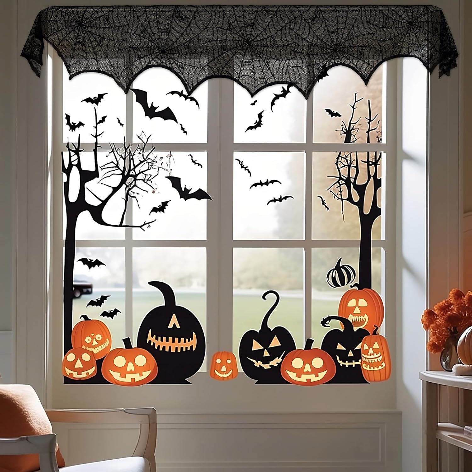 "AerWo Black Lace Spiderweb Fireplace Mantle Scarf – 45 x 243cm for Halloween"