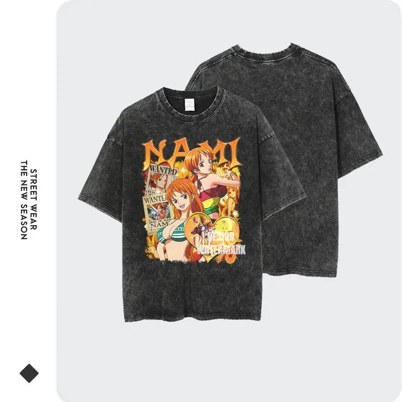 Nami T-shirts Oversized Streetwear Vintage Washed Anime One Piece T Shirt  Short Sleeve Manga Ace Sanji Luffy Zoro Tops Tees Man