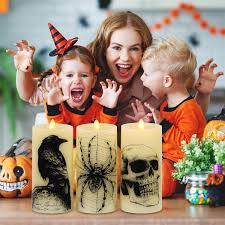 "Set of 3 Halloween LED Candles with Skull, Spider Web, Crow Decals – Flickering Battery Operated"